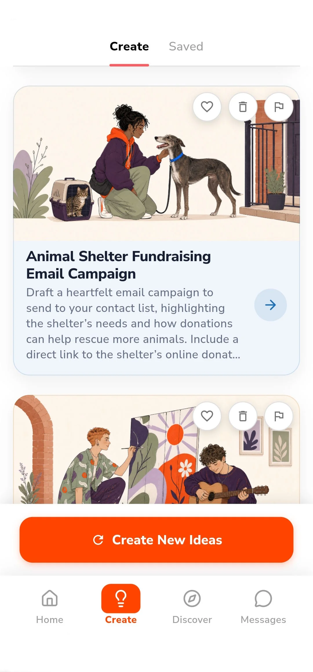 Impactful app Create tab, showing AI-drafted volunteering ideas
