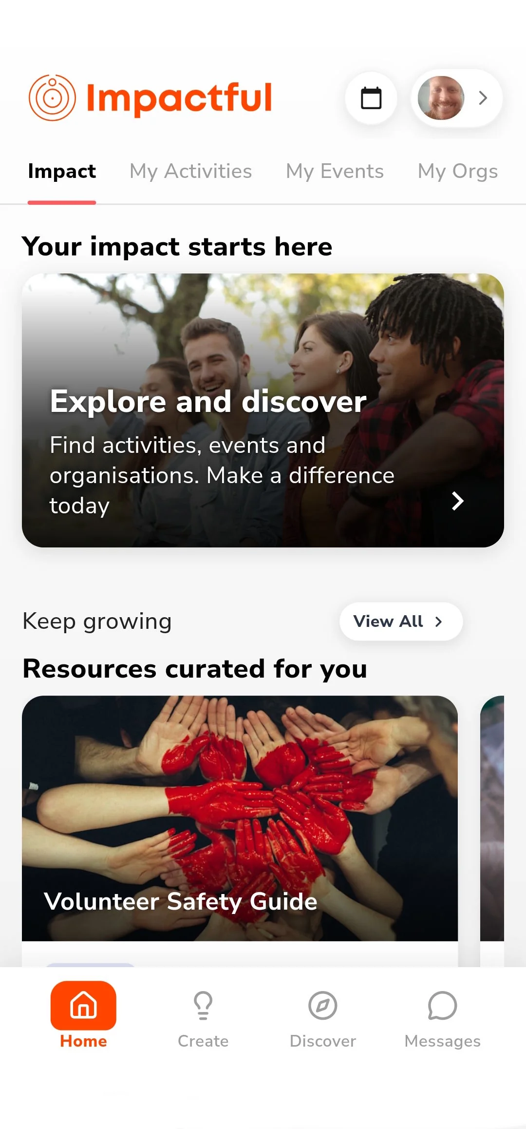 Impactful app home screen showing personalised impact, activities and curated resources