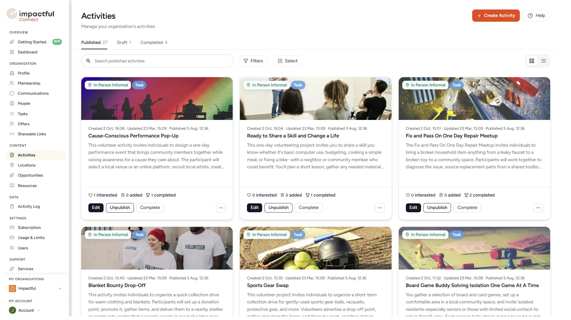 Impactful Connect: the organisation portal, showing published volunteering activities
