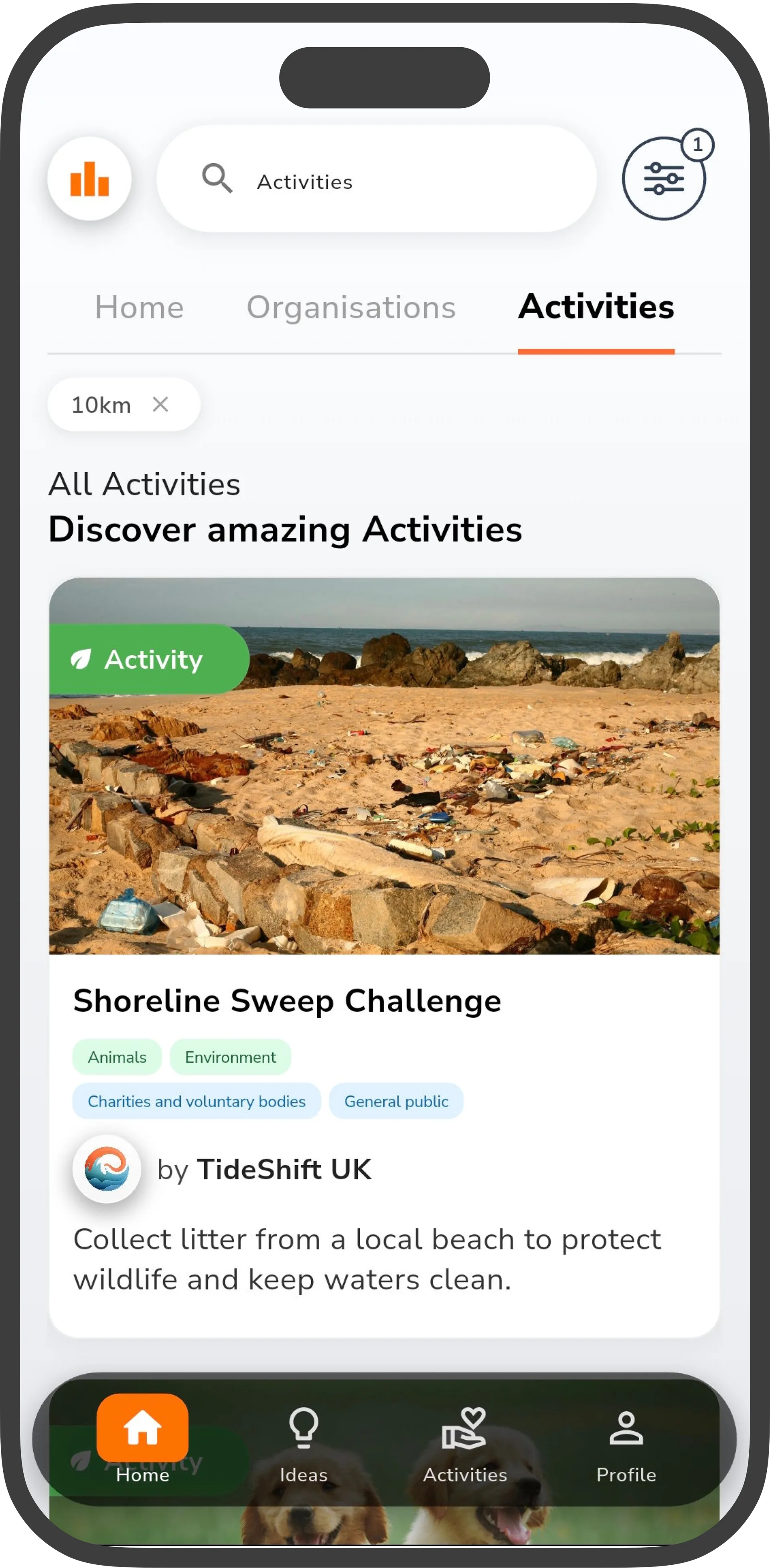 Impactful mobile app explore screen showing volunteer opportunities