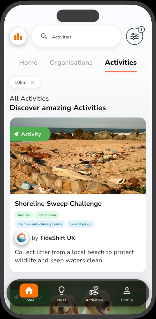 Impactful app explore screen with map view and volunteer opportunities