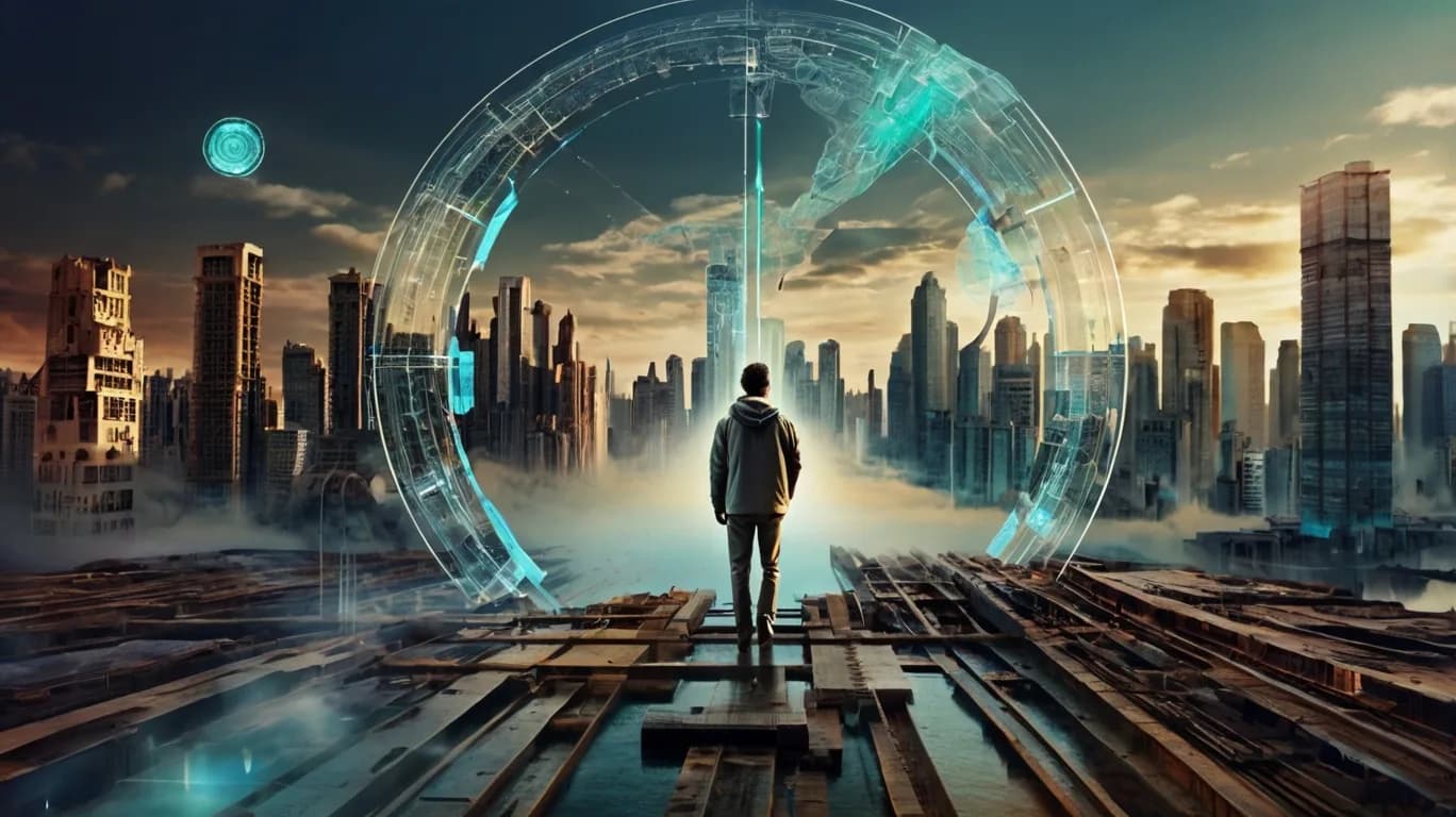 Person looking toward a futuristic cityscape through a portal, representing the possibilities of digital transformation