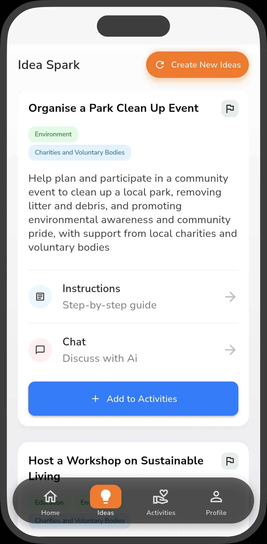 Impactful Idea Spark screen with an AI-generated Park Clean Up Event idea, tagged Environment and Charities and Voluntary Bodies.