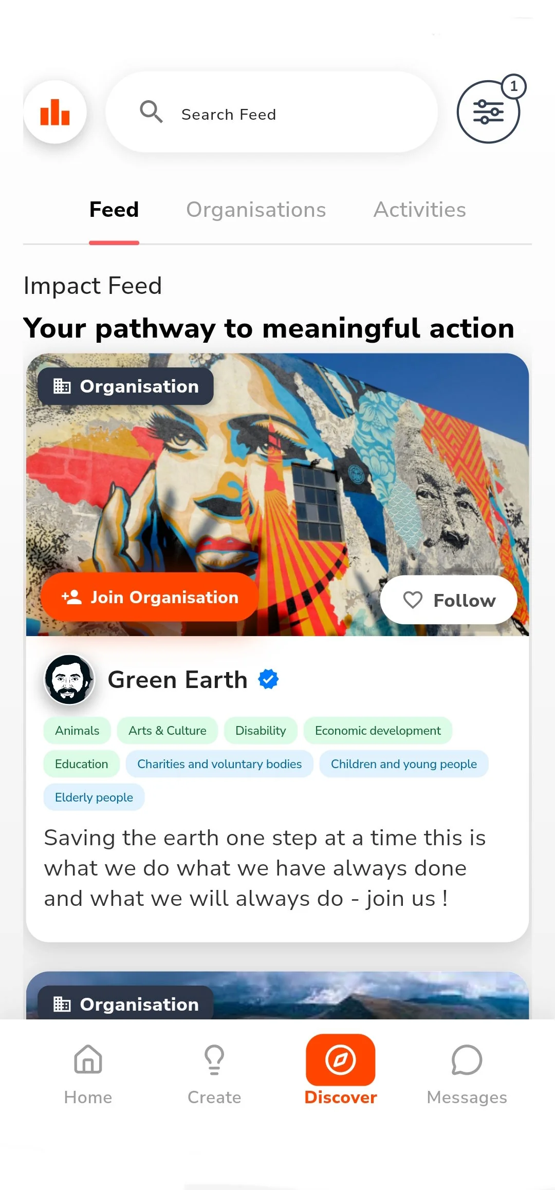 Impactful Discover feed showing the Green Earth organisation with Join Organisation and Follow buttons.